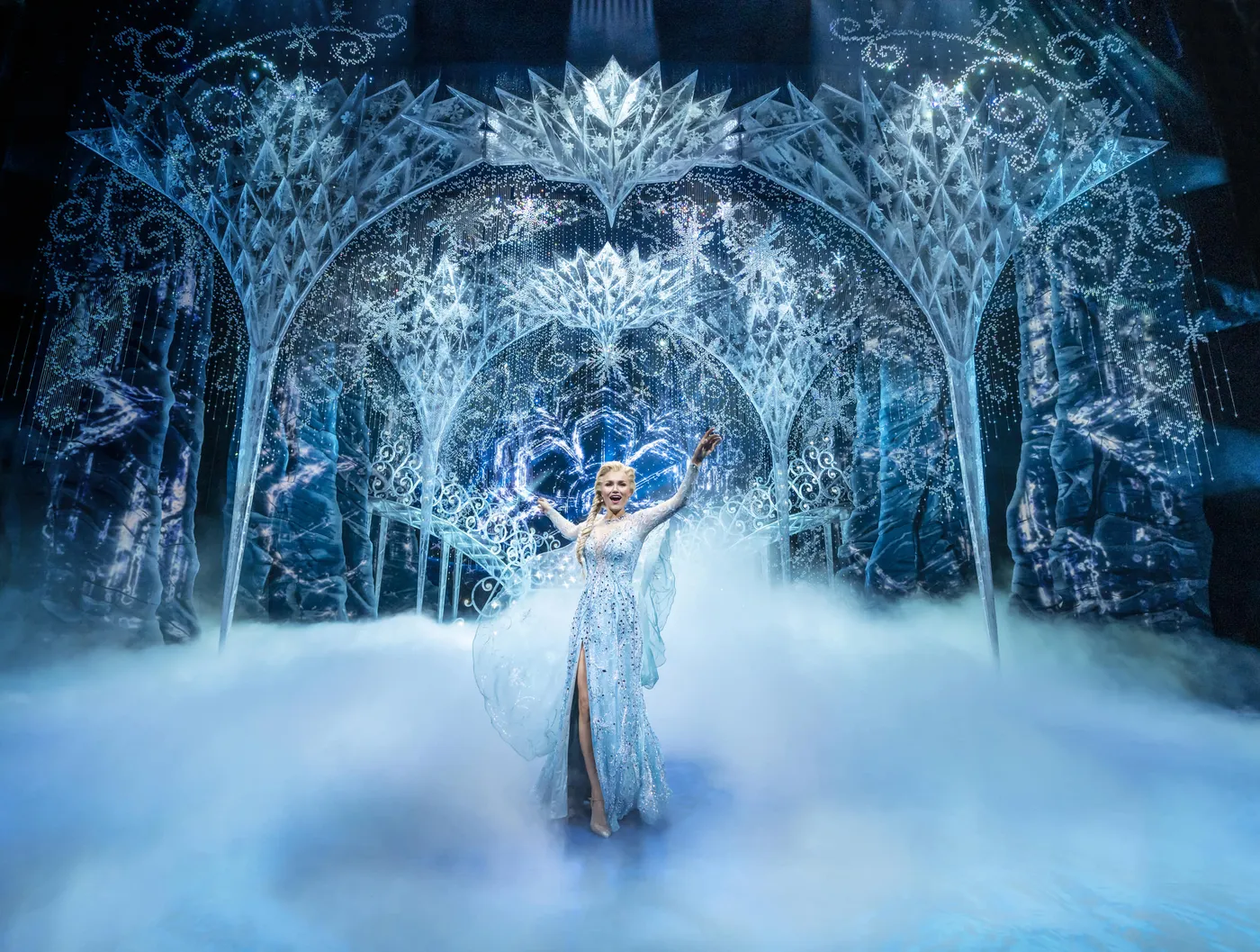 Elsa in her ice palace during Frozen The Musical